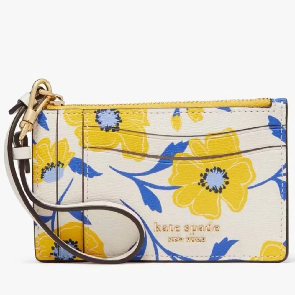 Kate Spade Morgan Sunshine Floral Card Case Wristlet Yellow Keyring Wallet